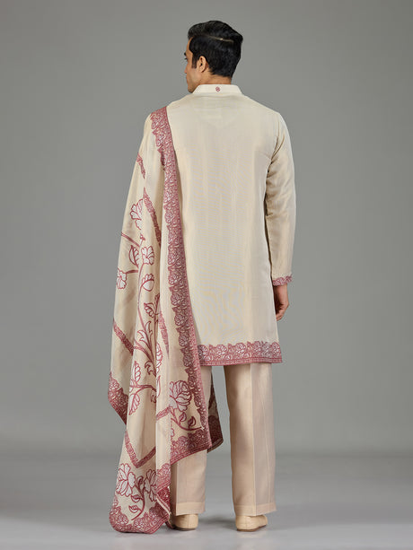 Pastel cream maroon floral traditional men kurta suit