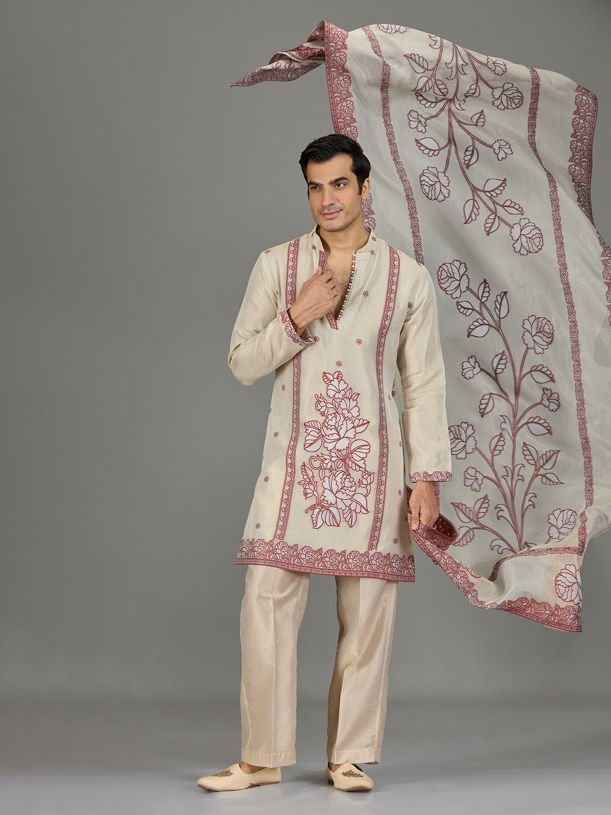 Pastel cream maroon floral traditional men kurta suit