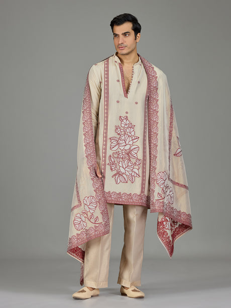 Pastel cream maroon floral traditional men kurta suit