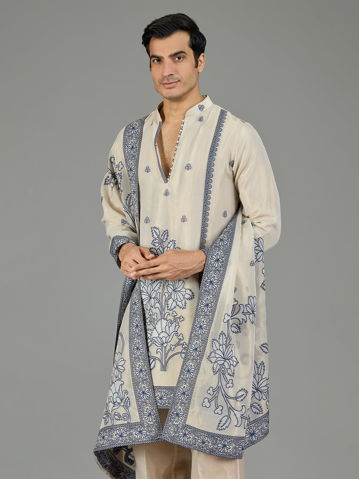 Pastel cream floral men kurta suit