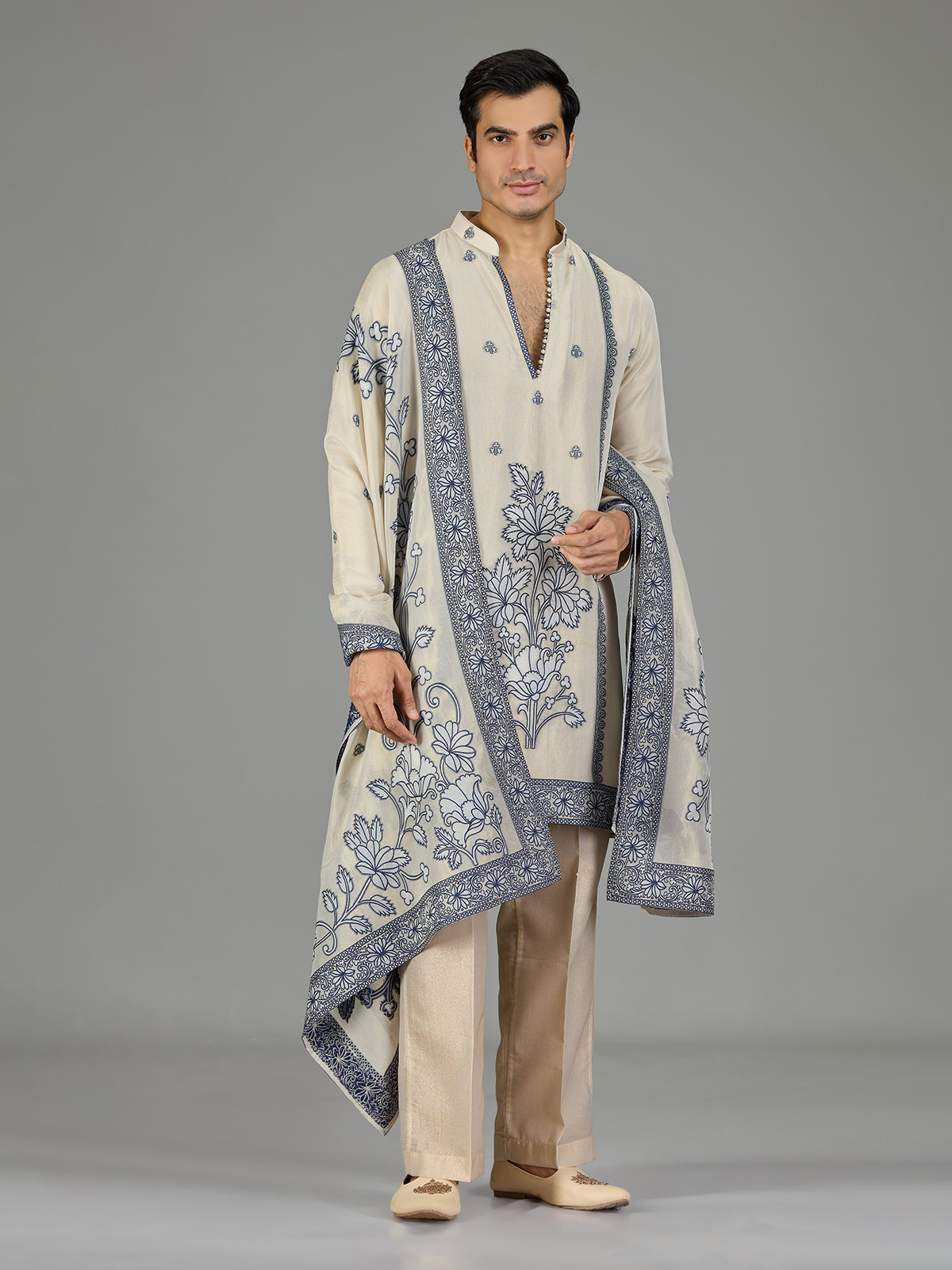 Pastel cream floral men kurta suit