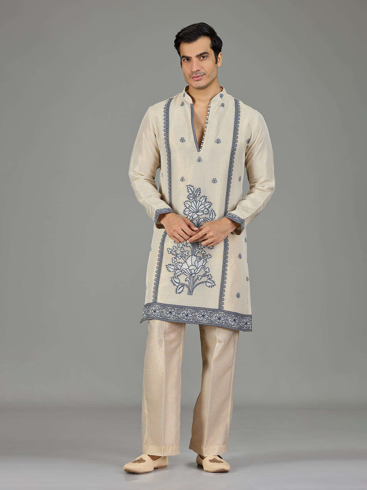 Pastel cream floral men kurta suit