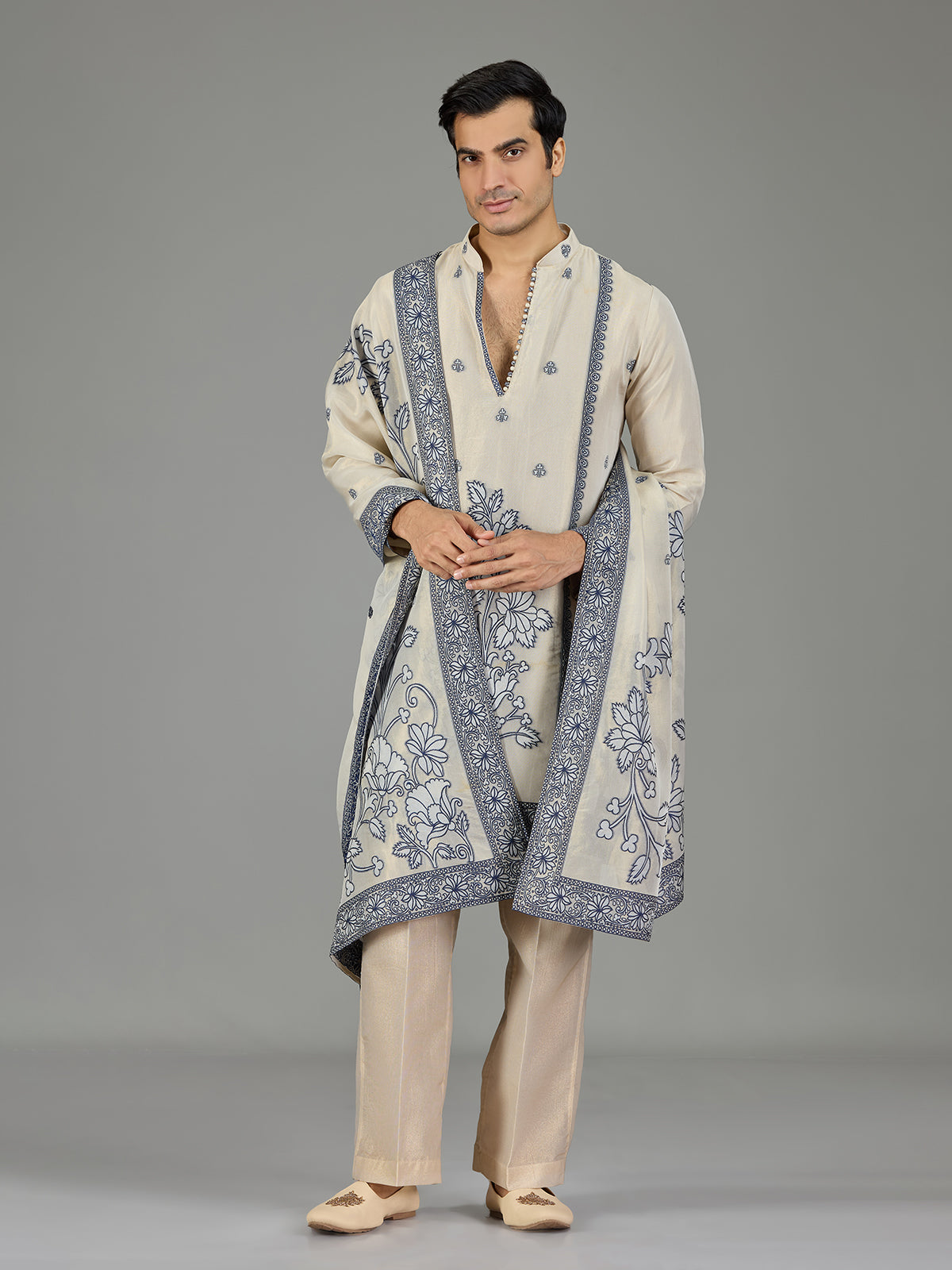 Pastel cream floral men kurta suit
