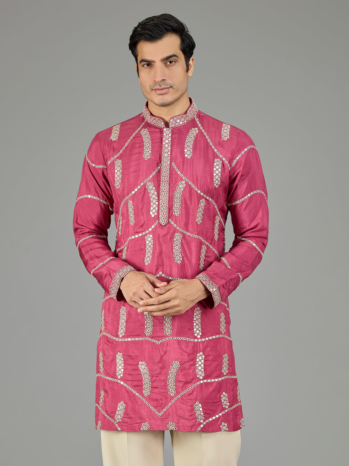 Pink gotta patti zigzag men kurta suit