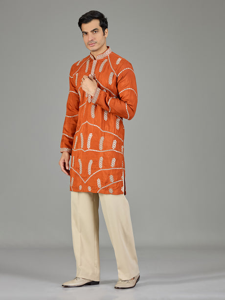 Orange gotta patti silk men kurta suit