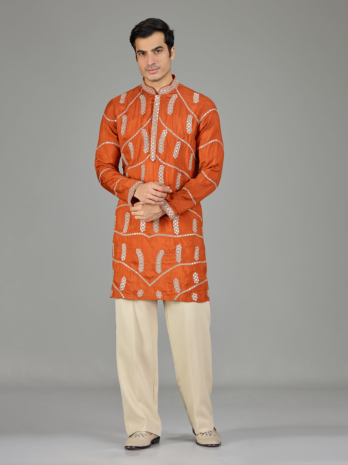 Orange gotta patti silk men kurta suit