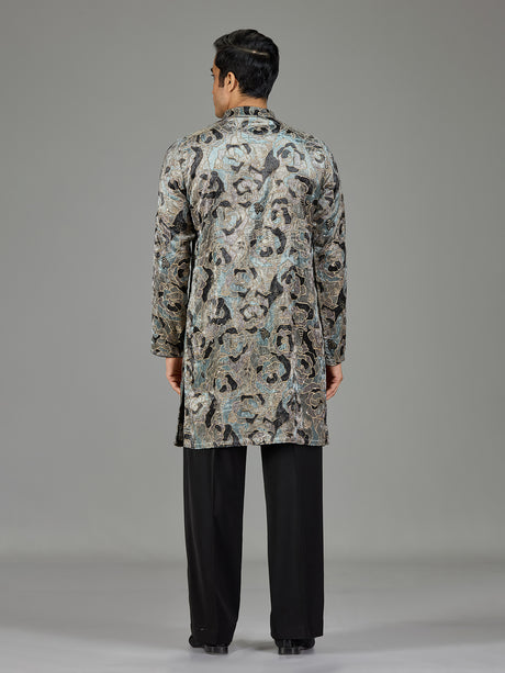 Grey velvet sequin threadwork men kurta suit