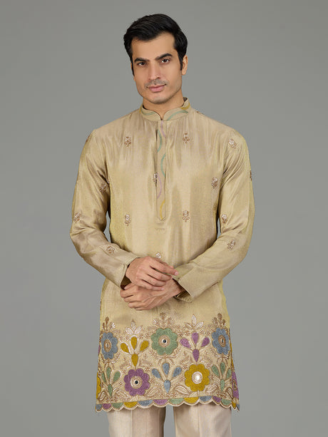 Pastel beige mirror floral men kurta suit