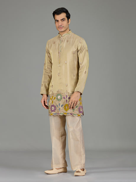 Pastel beige mirror floral men kurta suit
