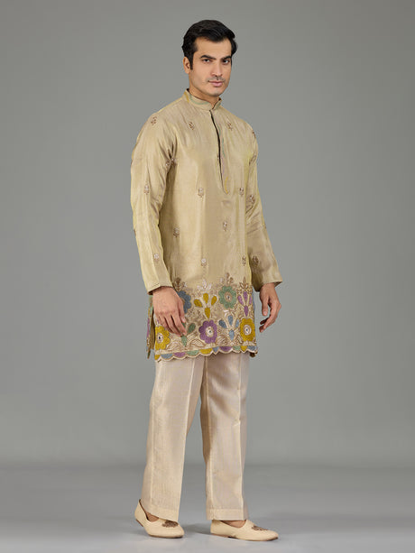 Pastel beige mirror floral men kurta suit