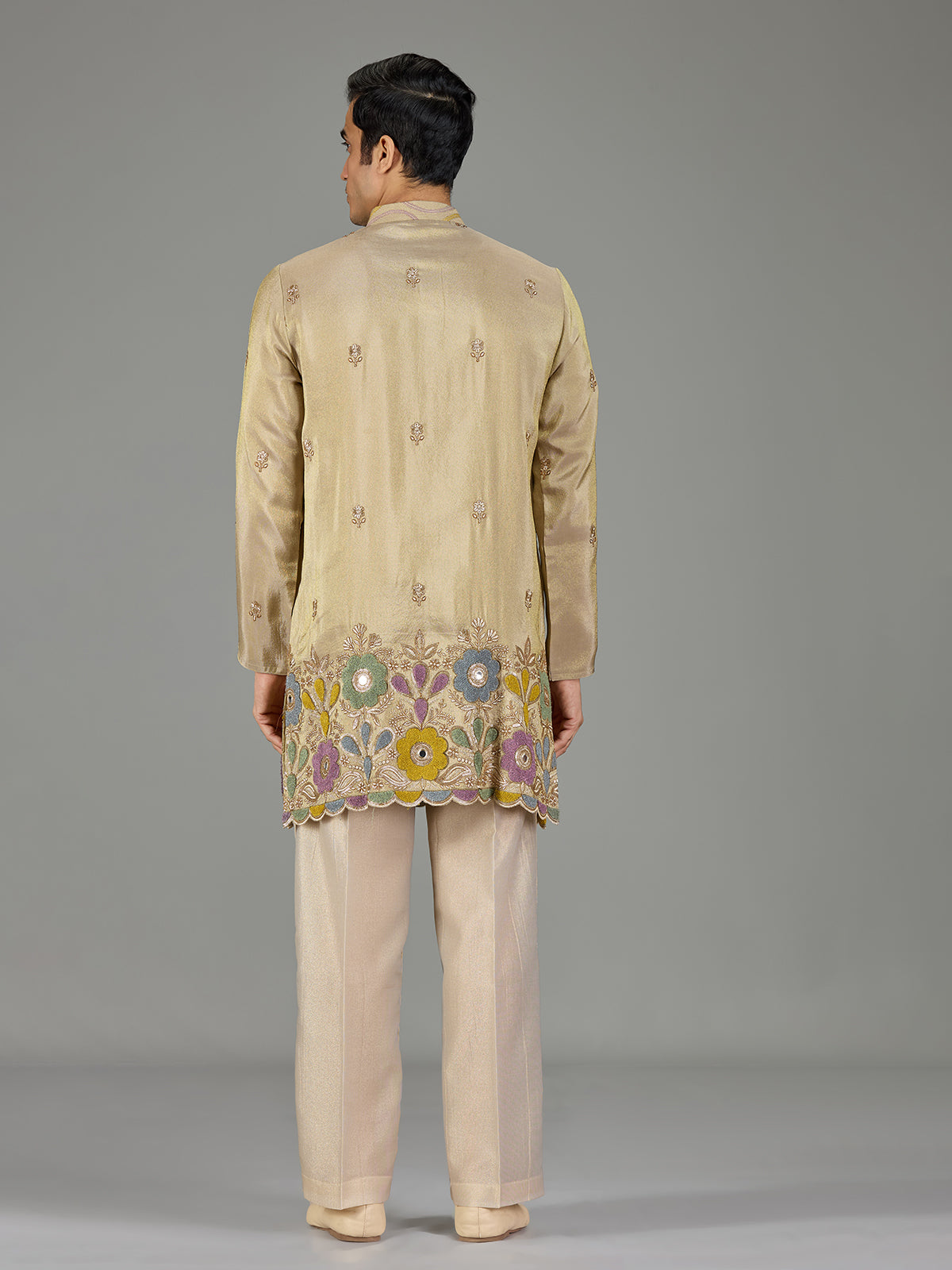 Pastel beige mirror floral men kurta suit