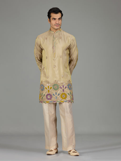 Pastel beige mirror floral men kurta suit