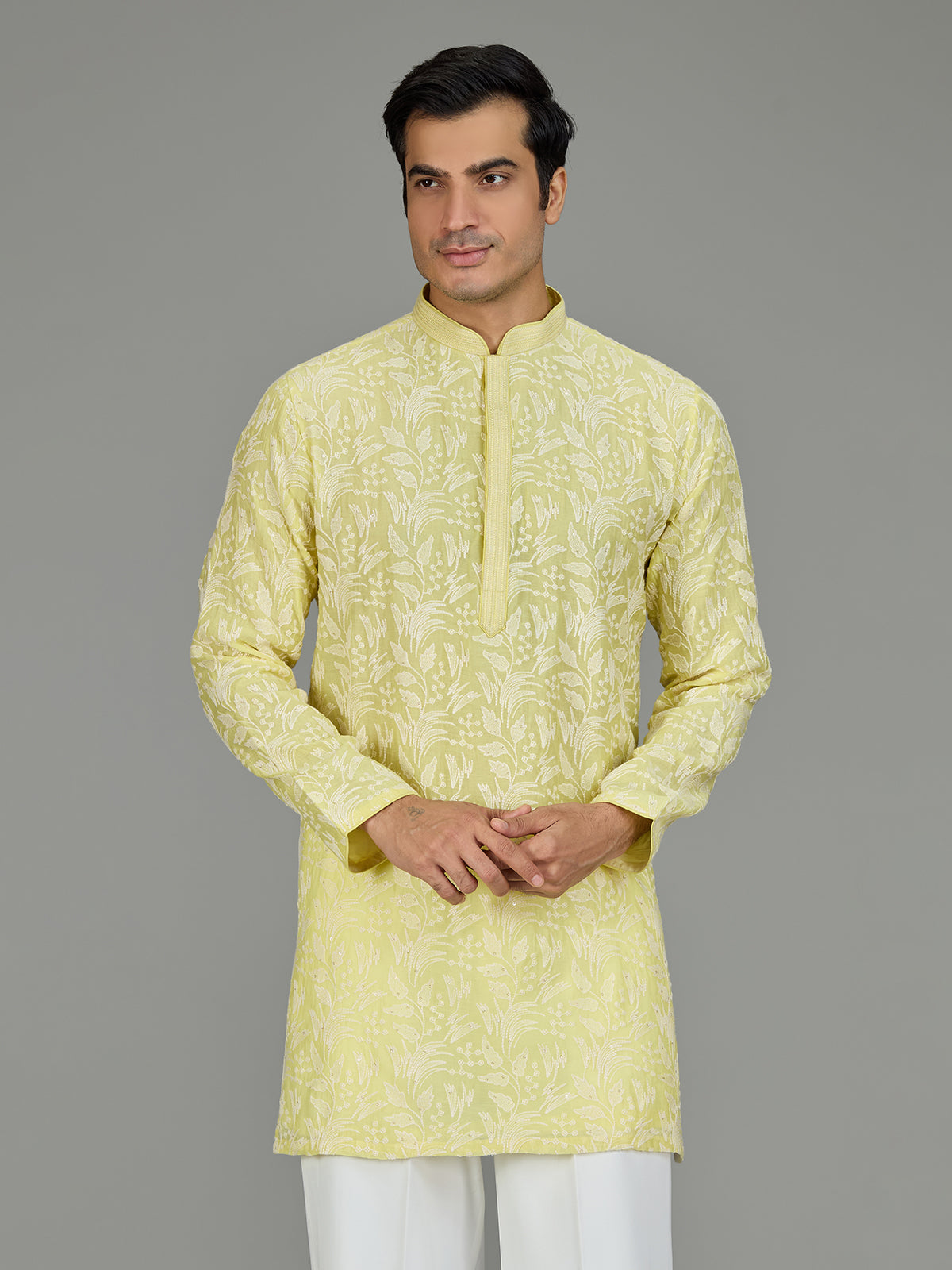 Yellow white thread botanical men kurta suit