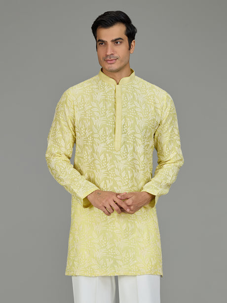 Yellow white thread botanical men kurta suit