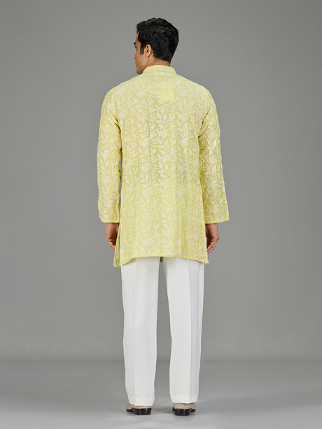 Yellow white thread botanical men kurta suit