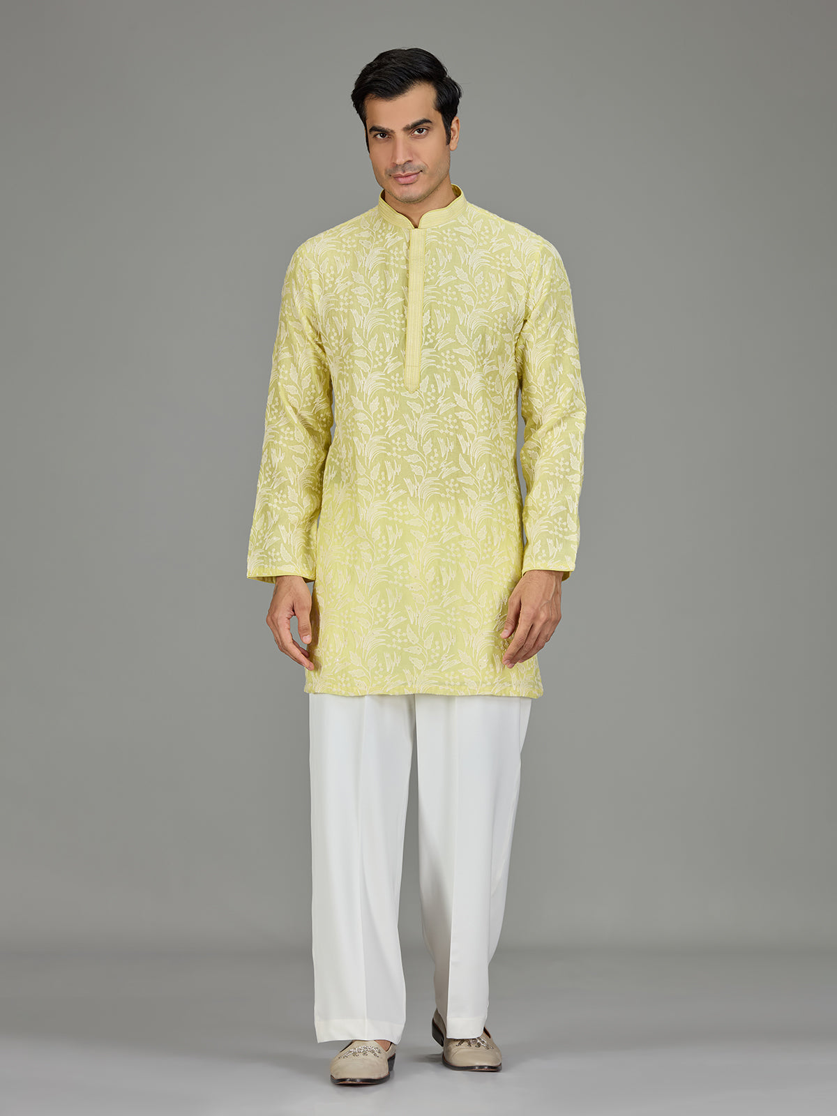 Yellow white thread botanical men kurta suit