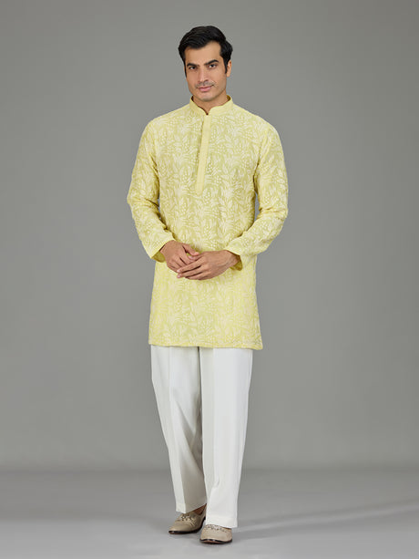 Yellow white thread botanical men kurta suit