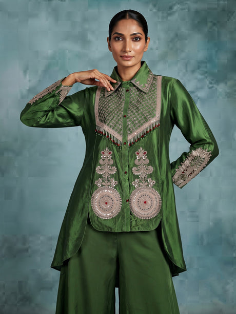 Green mughal medallion designer women palazzo suit