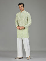 Green white botanical cotton silk blend men kurta suit