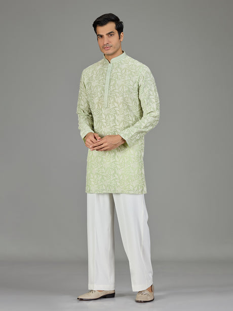 Green white botanical cotton silk blend men kurta suit