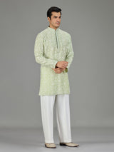 Green white botanical cotton silk blend men kurta suit