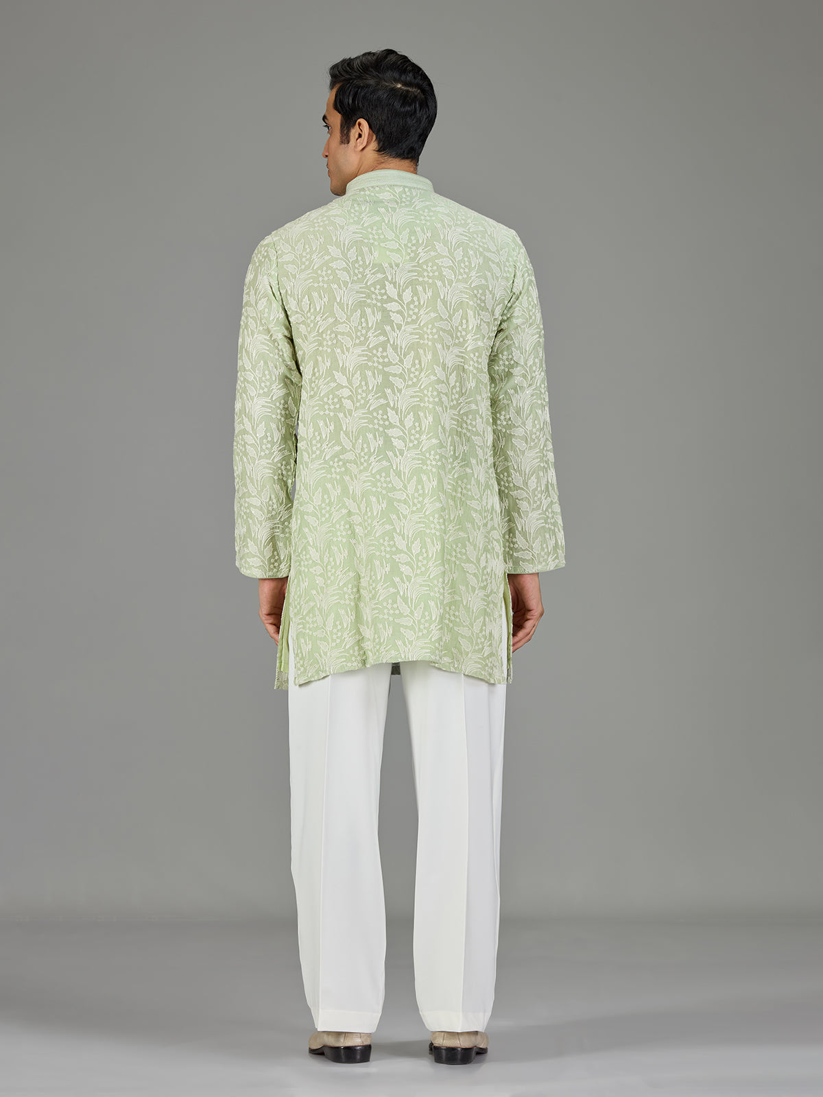 Green white botanical cotton silk blend men kurta suit