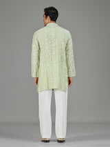 Green white botanical cotton silk blend men kurta suit