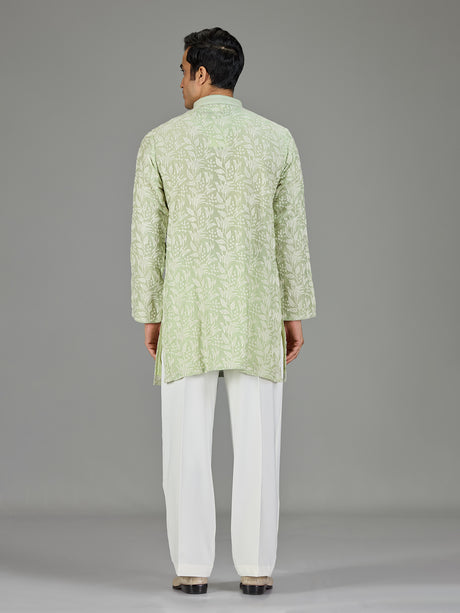 Green white botanical cotton silk blend men kurta suit