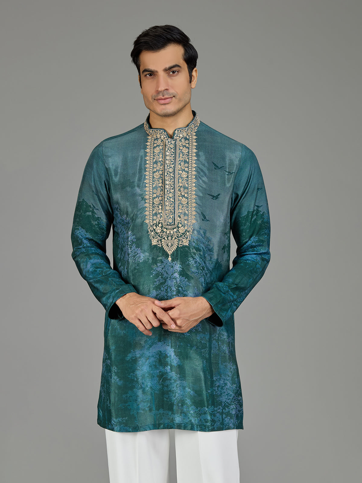 Forest green silk crepe blend royal print men kurta suit