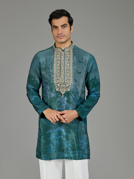 Forest green silk crepe blend royal print men kurta suit