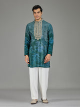 Forest green silk crepe blend royal print men kurta suit