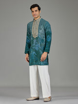 Forest green silk crepe blend royal print men kurta suit
