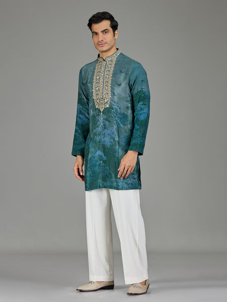 Forest green silk crepe blend royal print men kurta suit