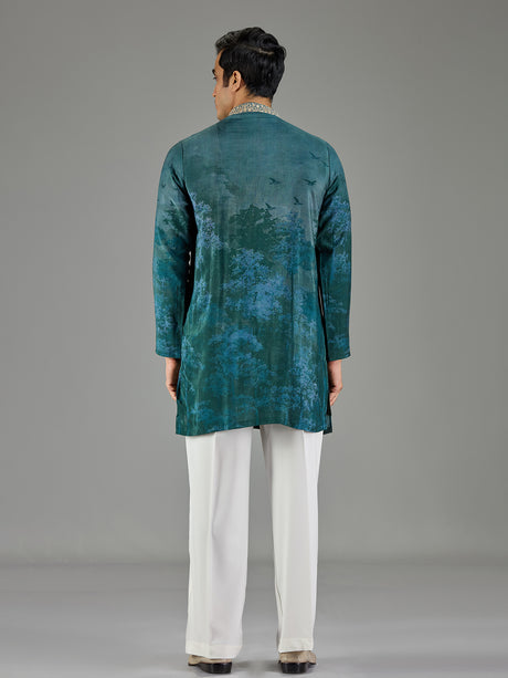 Forest green silk crepe blend royal print men kurta suit