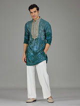 Forest green silk crepe blend royal print men kurta suit