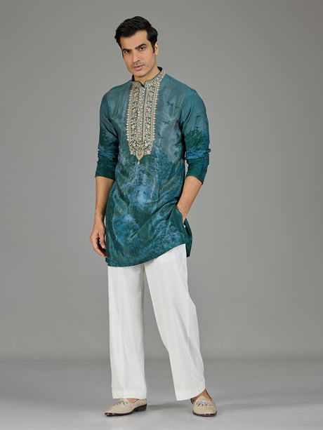 Forest green silk crepe blend royal print men kurta suit