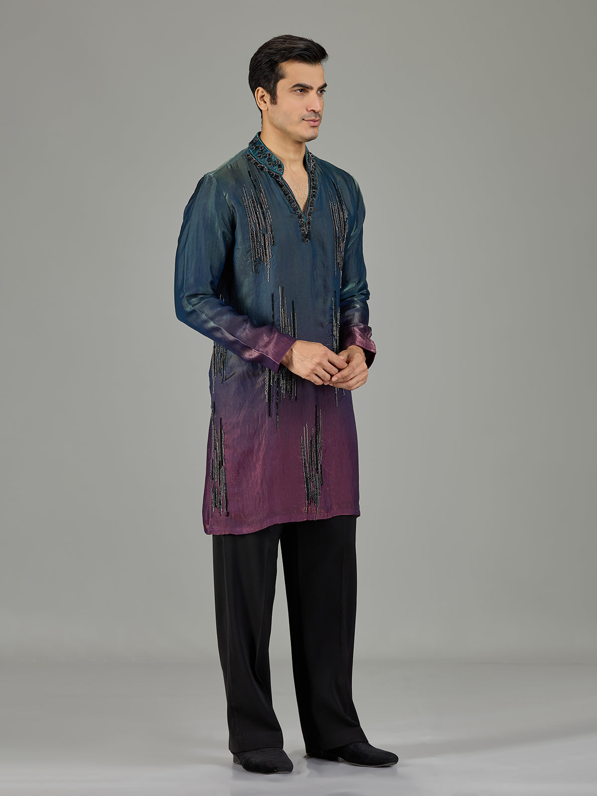 Teal purple shaded cutdana men kurta suit