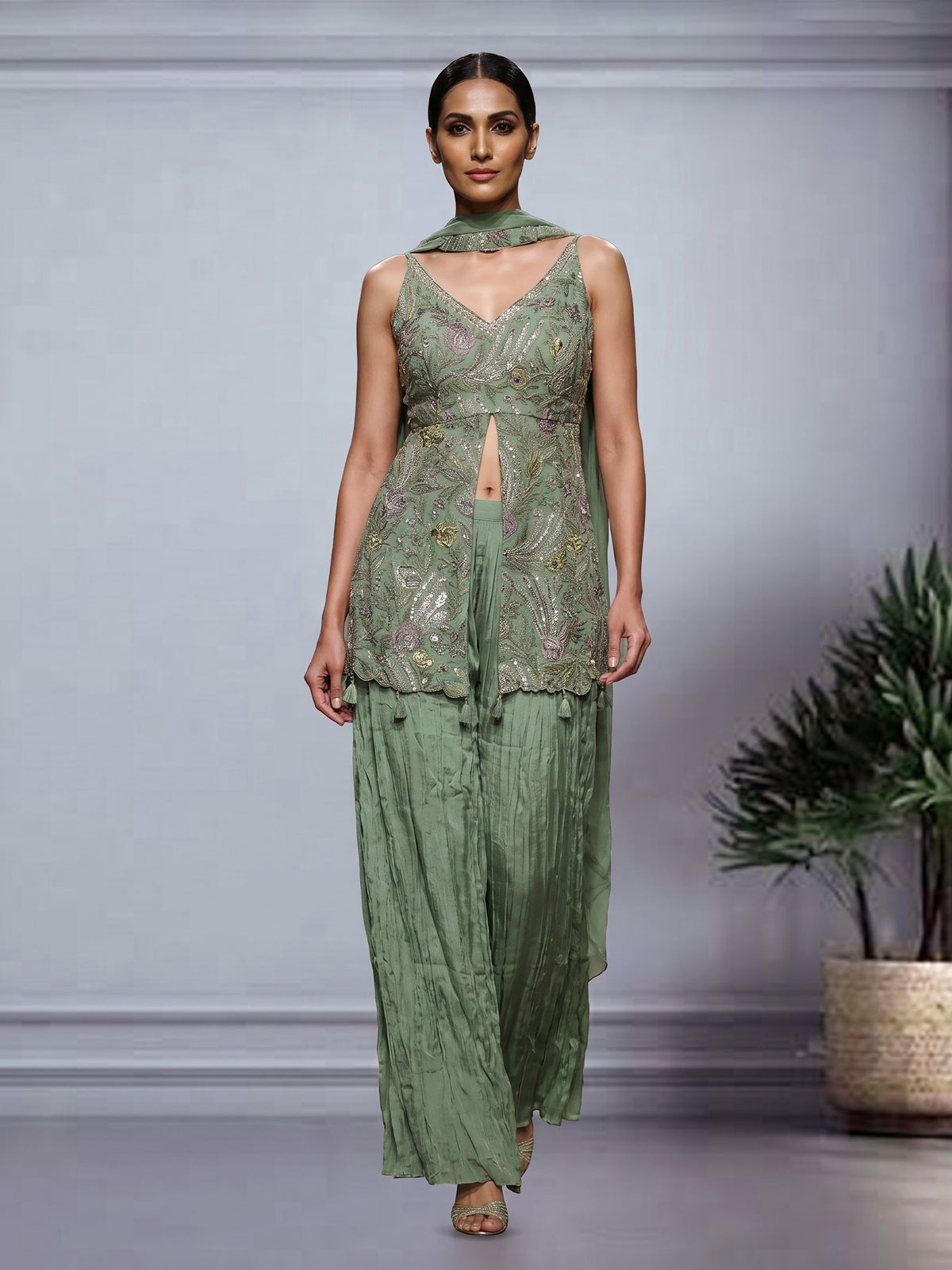 Sage green paisley slit designer women palazzo suit