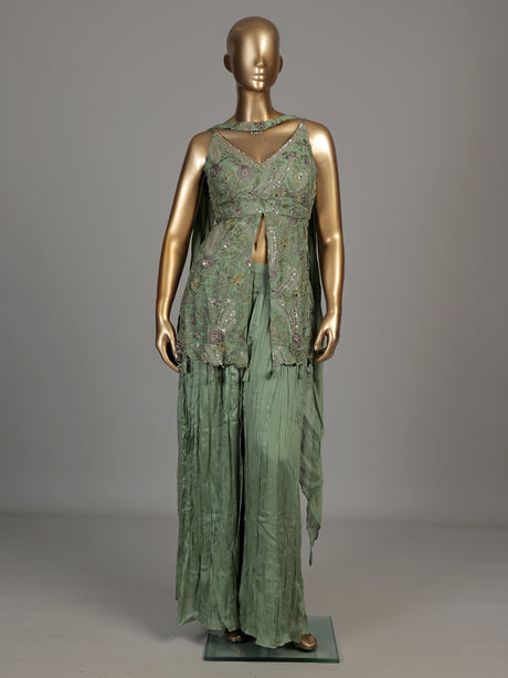 Sage green paisley slit designer women palazzo suit
