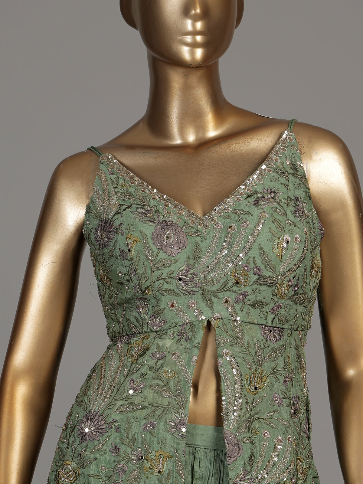 Sage green paisley slit designer women palazzo suit