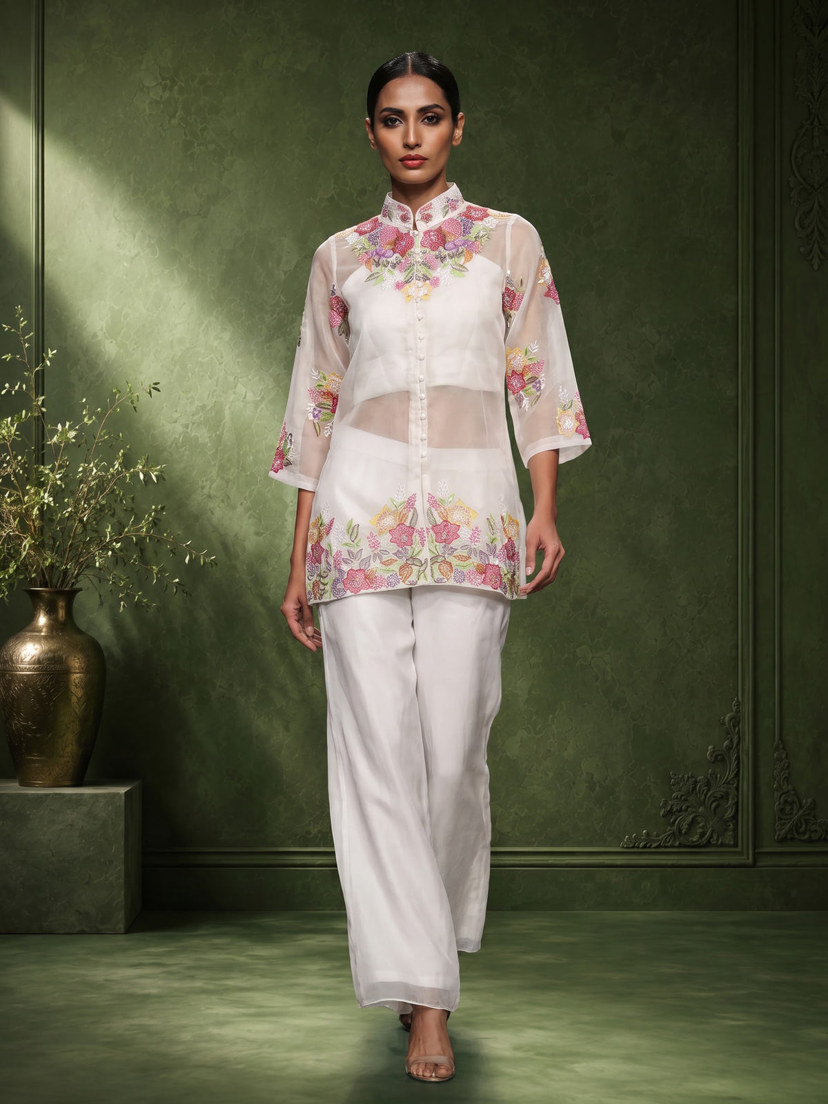 White botanical garden luxury women palazzo suit