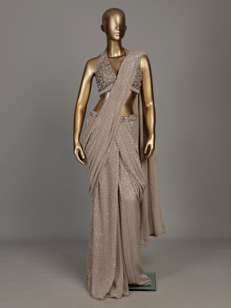 Beige sequin shimmer designer women ready to wear saree