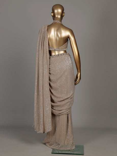 Beige sequin shimmer designer women ready to wear saree
