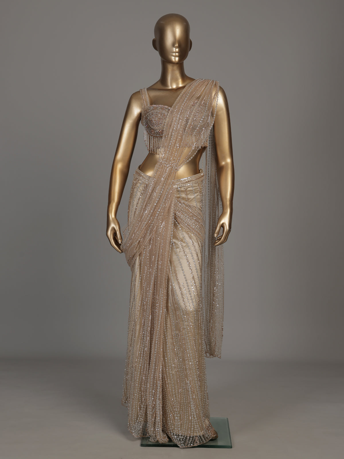 Beige pinstripe drape designer women ready to wear saree