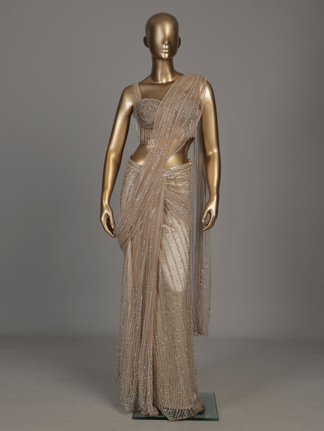 Beige pinstripe drape designer women ready to wear saree