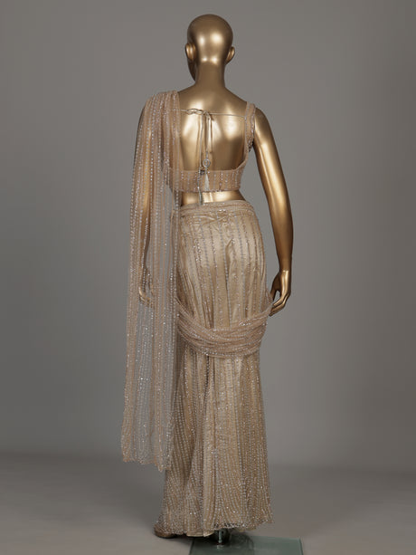 Beige pinstripe drape designer women ready to wear saree