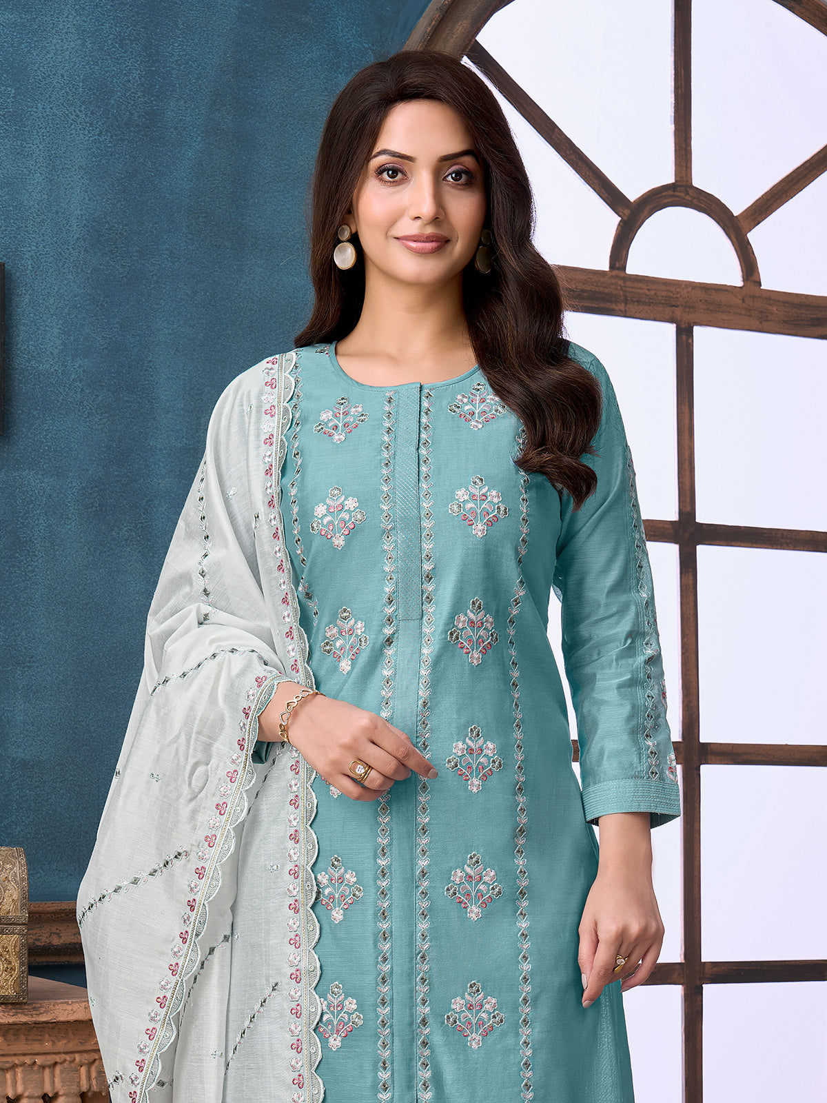 Sky blue shimmer thread women pant suit