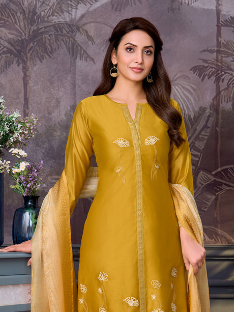 Mustard yellow resham artistry women pant suit