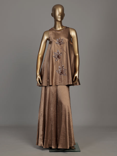 Brown floral satin silk women palazzo suit
