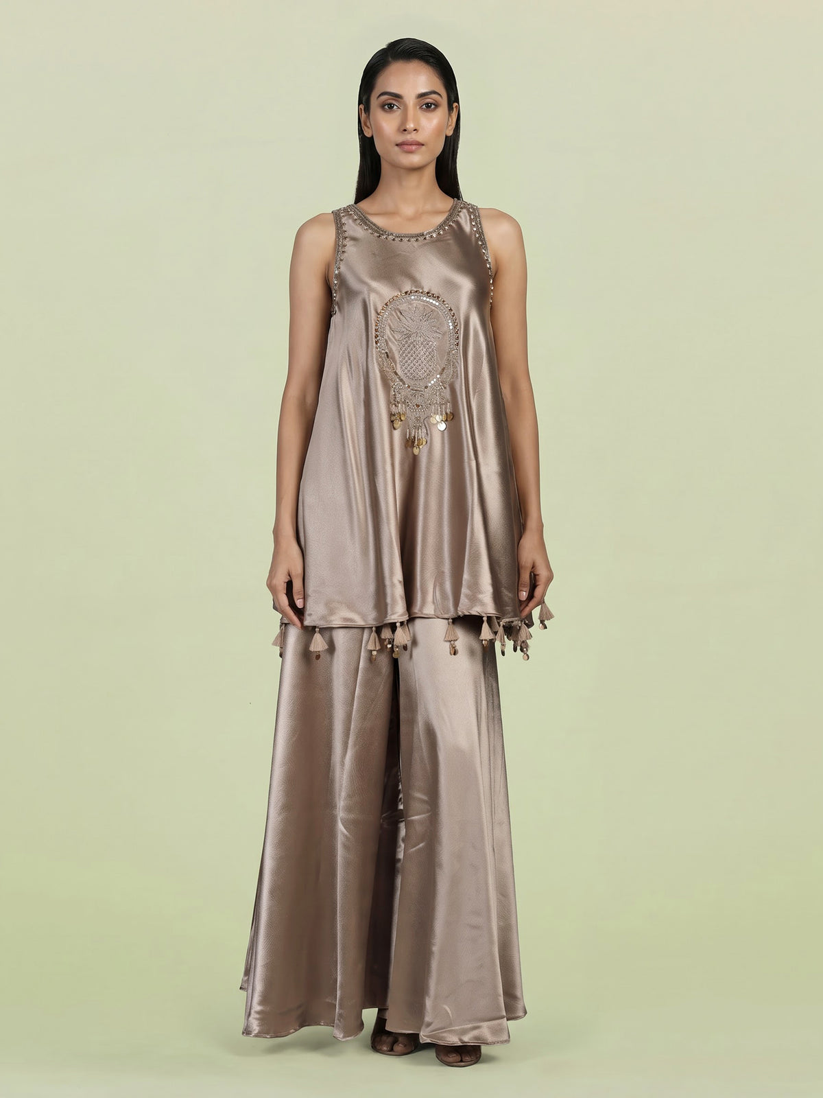 Beige satin silk embroidered women palazzo suit